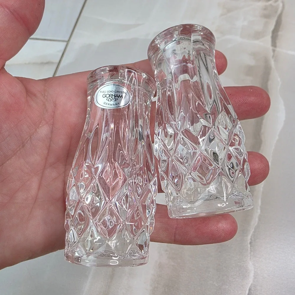 Gorham Full Lead Crystal Salt and Pepper Shakers Diamond Cut Germany 3‎ Inch S3